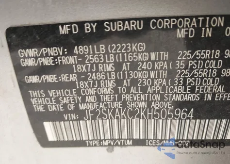 2019 Subaru Forester Sport из США, поврежденный, VIN JF2SKAKC2KH505964